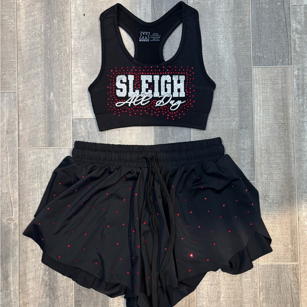 Black 'Sleigh All Day' Sports Bra and Shorts Set